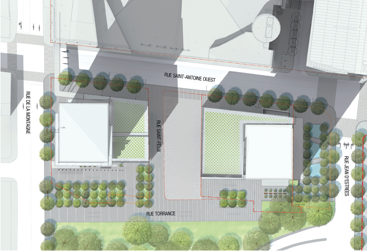 Cadillac Fairview veut construire deux tours, au sud du Centre Bell, dans le quadrilat&egrave;re form&eacute; des rues de la Montagne, Saint-Antoine, Jean D'Estr&eacute;es et Torrance. 