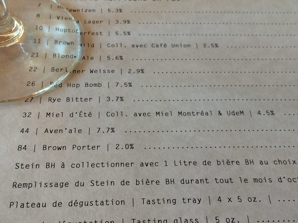 menu biere