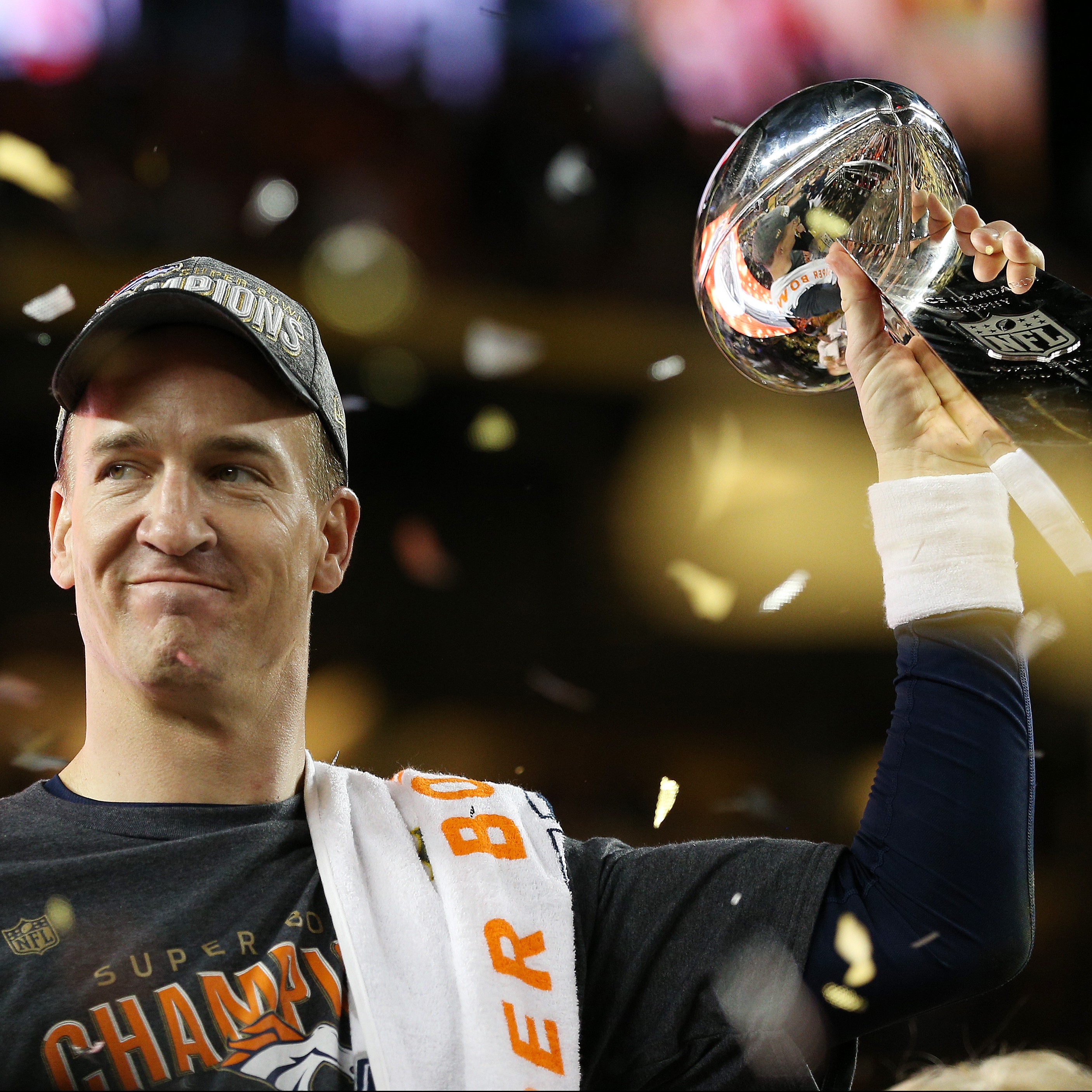 SANTA CLARA, CA - FEBRUARY 07: Peyton Manning #18 of the Denver Broncos celebrates with the Vince Lombardi Trophy after Super Bowl 50 at Levi's Stadium on February 7, 2016 in Santa Clara, California. The Broncos defeated the Panthers 24-10. (Photo by Patrick Smith/Getty Images)