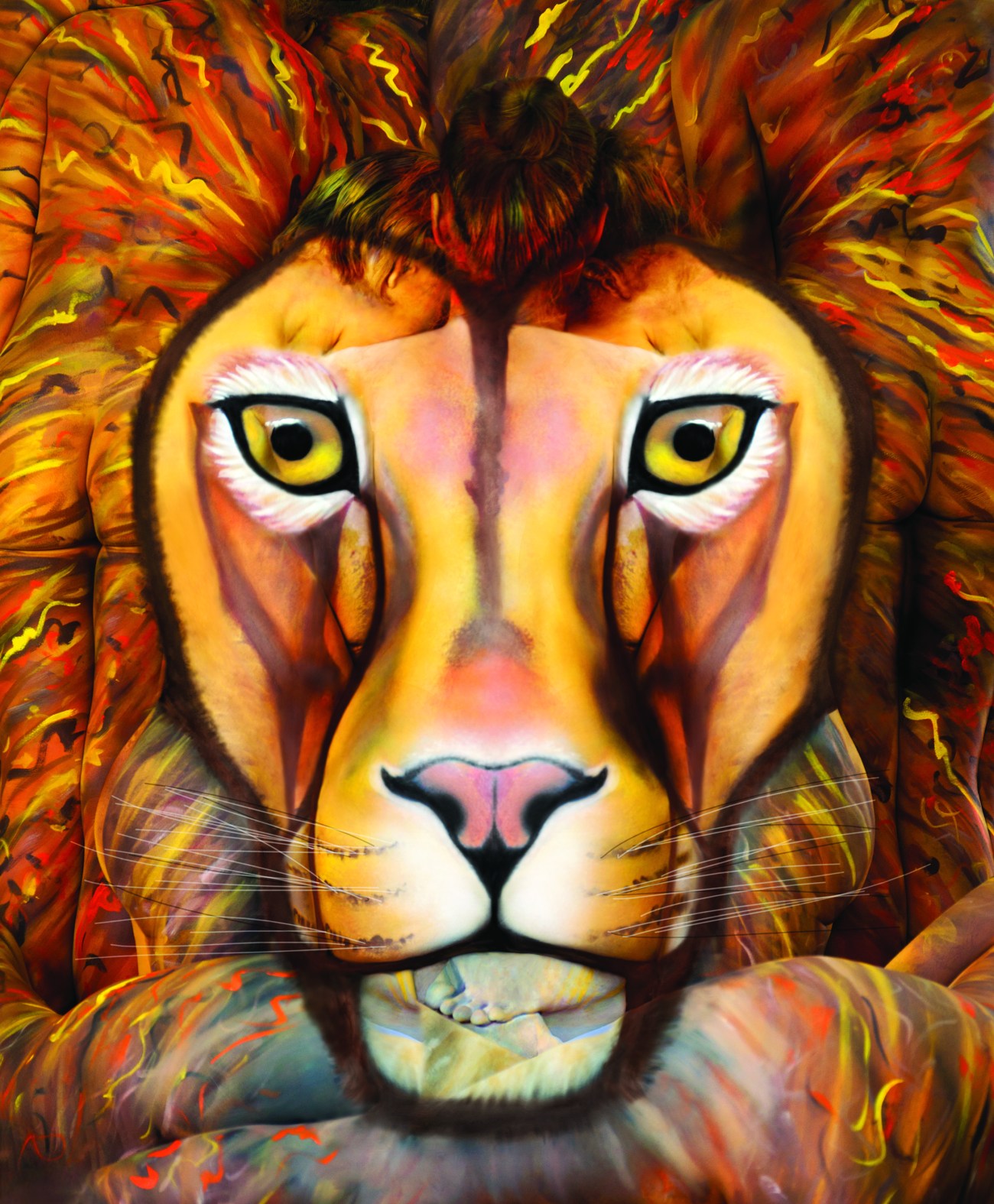 Le signe du lion, une peinture corporelle dont la réalisation a nécessité neuf corps en tout
