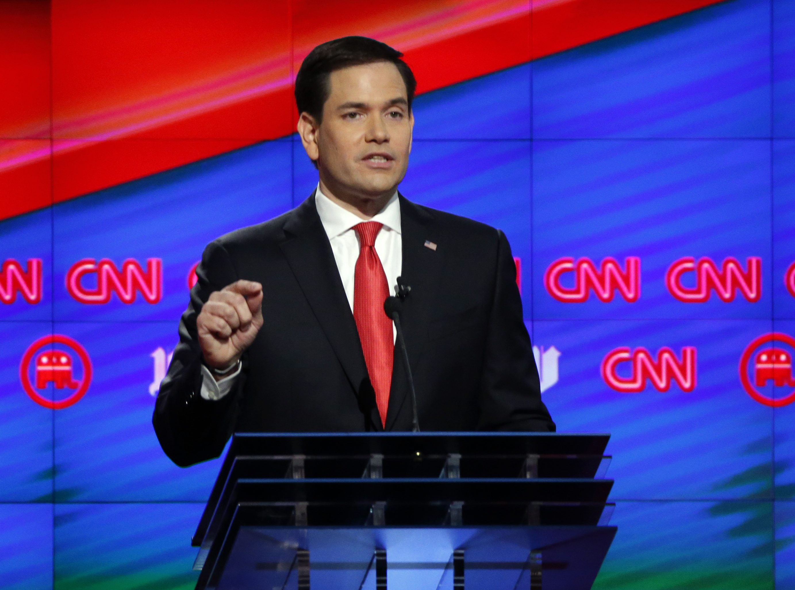 Republican presidential candidate, Sen. Marco Rubio, R-Fla., speaks during the Republican presidential debate sponsored by CNN, Salem Media Group and the Washington Times at the University of Miami, Thursday, March 10, 2016, in Coral Gables, Fla. (AP Photo/Wilfredo Lee)