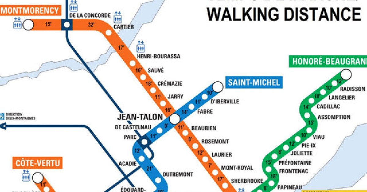 Carte du métro de Montréal: le temps de marche calculé entre toutes les ...