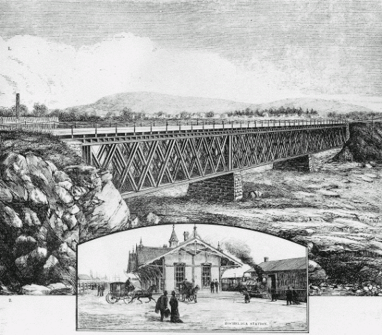 Gravure tir&eacute;e du Canadian Illustrated News en 1869, montrant le pont qui enjambait les carri&egrave;res du Mile-End.
