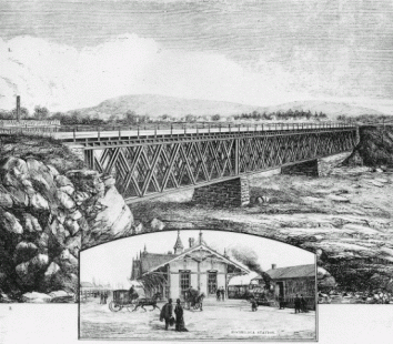 Gravure tirée du Canadian Illustrated News en 1869, montrant le pont qui enjambait les carrières du Mile-End.