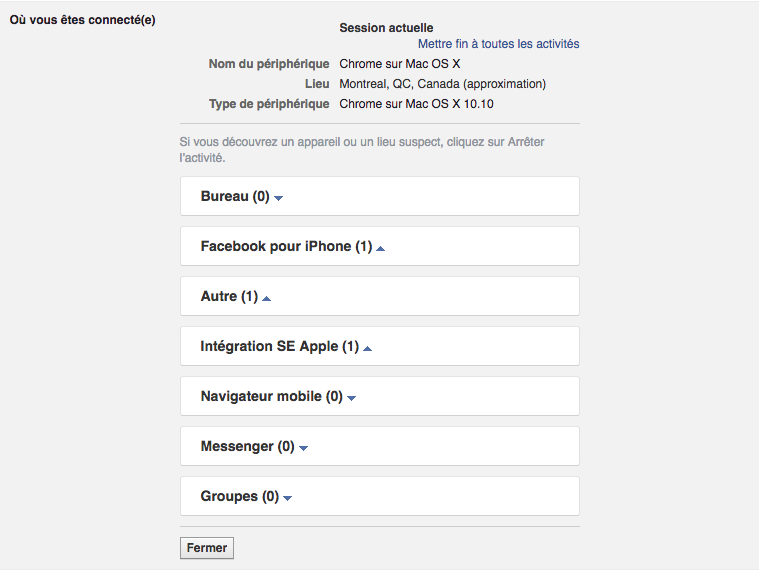 Appareils et sessions connectées