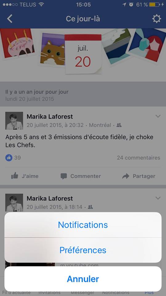 Ce jour là Souvenirs Facebook paramètres mobile