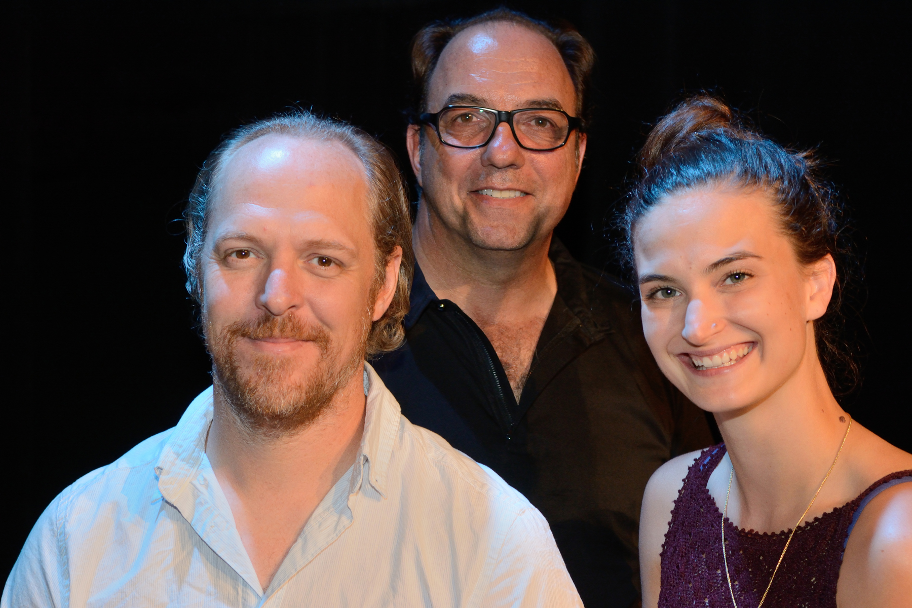 Pour réussir un poulet de Fabien Cloutier / une production du Théâtre de La Manufacture sur la photo; Fabien Cloutier (auteur et metteur en scène), Denis Bernard ( acteur et directeur artistique et général de La Manufacture et Licorne) et Gabrielle Côté ( actrice)