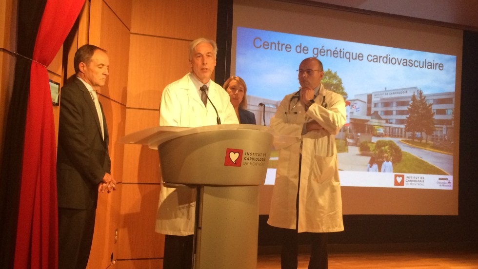 Le Dr Denis Roy, le Dr Mario Talajic, la Dre Julie Amyot, et le Dr Peter Guerra annonce la venue d'un nouveau centre de génétique cardiovasculaire.