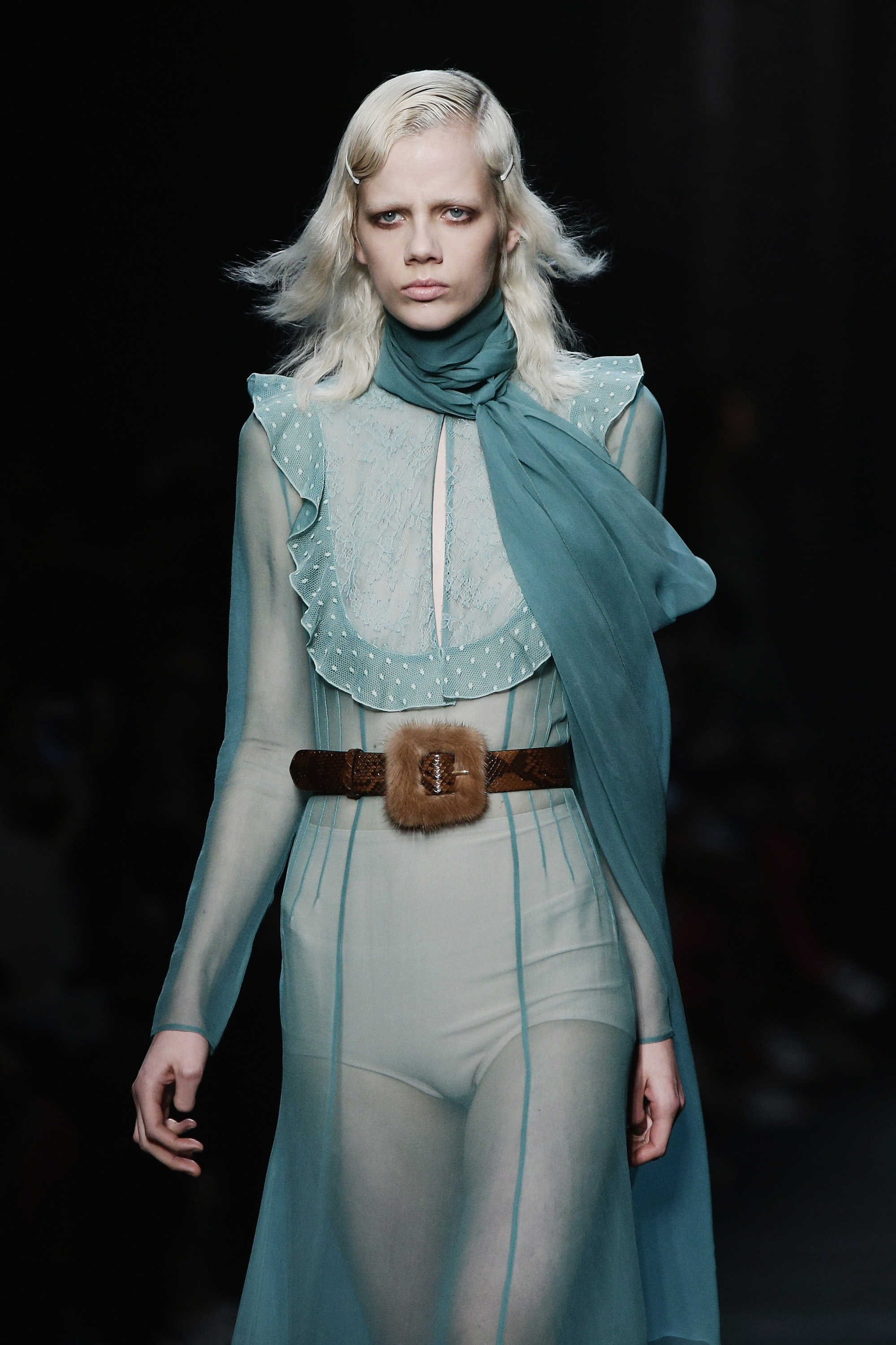 MILAN, ITALY - FEBRUARY 27: (EDITORS NOTE: Image has been desaturated.) A model walks the runway at the Blumarine show during Milan Fashion Week Fall/Winter 2016/17 on February 27, 2016 in Milan, Italy. (Photo by Vittorio Zunino Celotto/Getty Images)