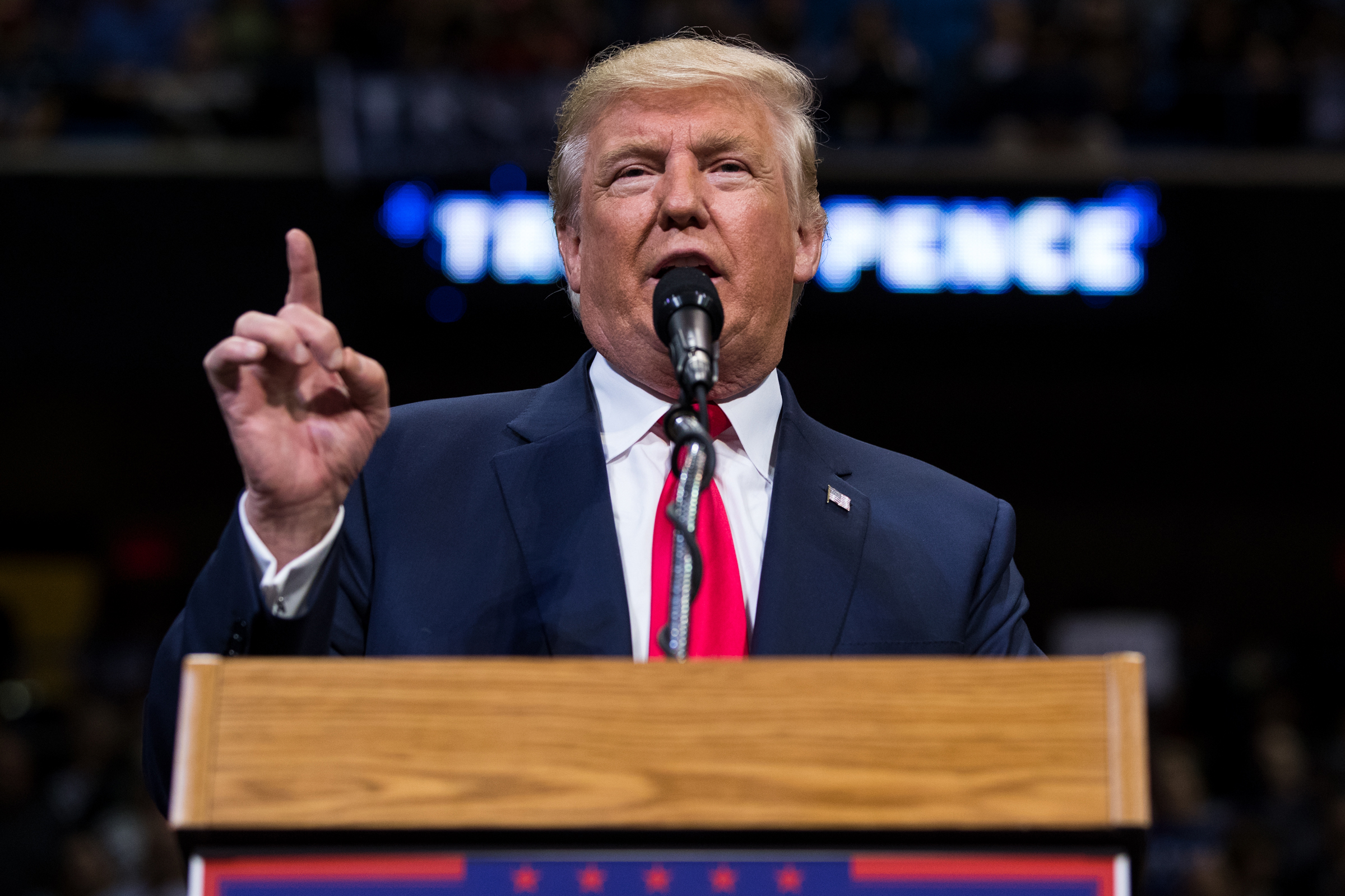 Republican Presidential nominee Donald J. Trump delivers remarks during a rally at Mohegan Sun Arena in Wilkes-Barre Twp., Pa. on Monday, Oct. 10, 2016. (Christopher Dolan / The Citizens Voice via AP)