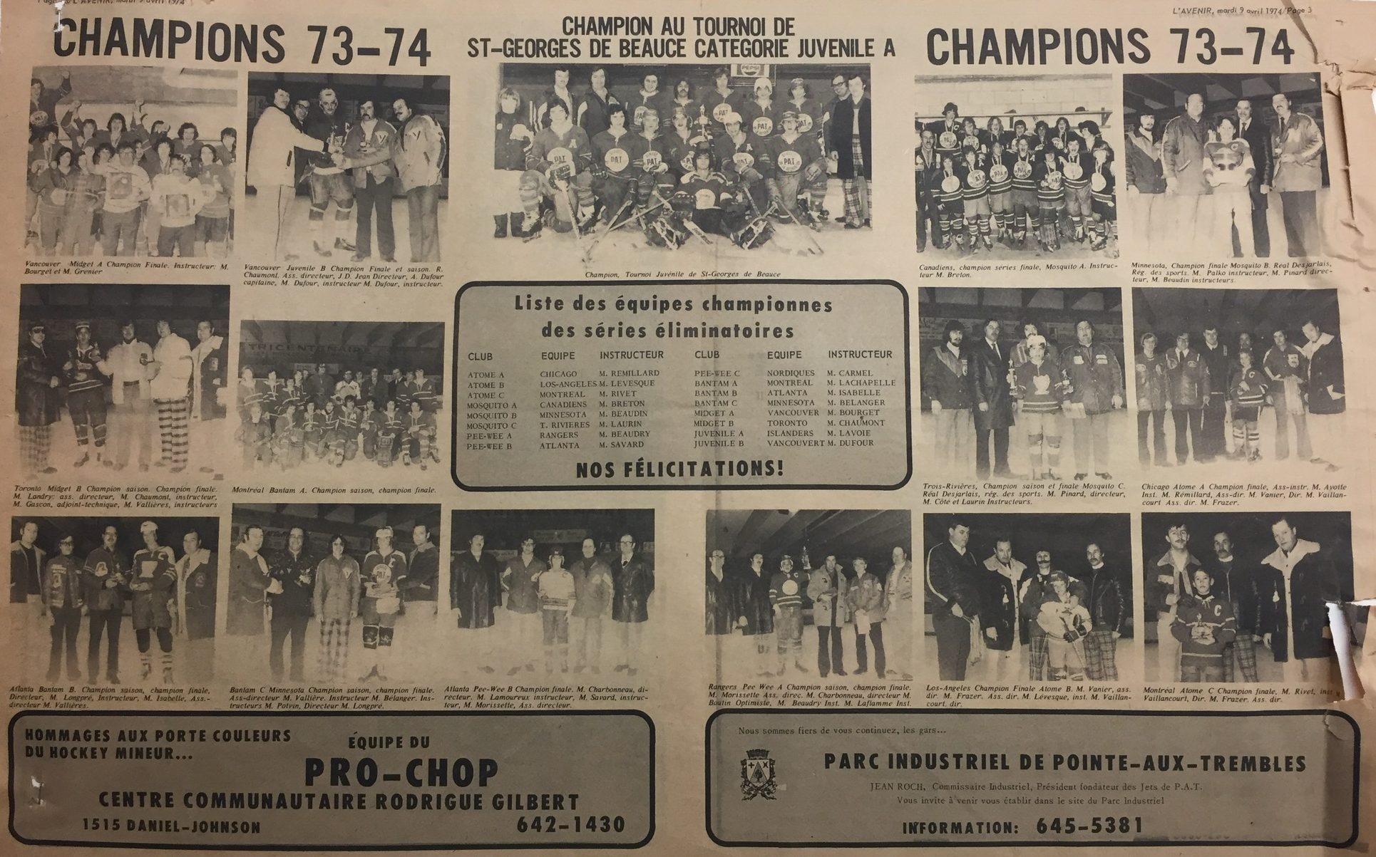 Un article d&rsquo;avril 1974 paru dans L&rsquo;Avenir de l&rsquo;Est traite des &eacute;quipes championnes de la saison 73-74.