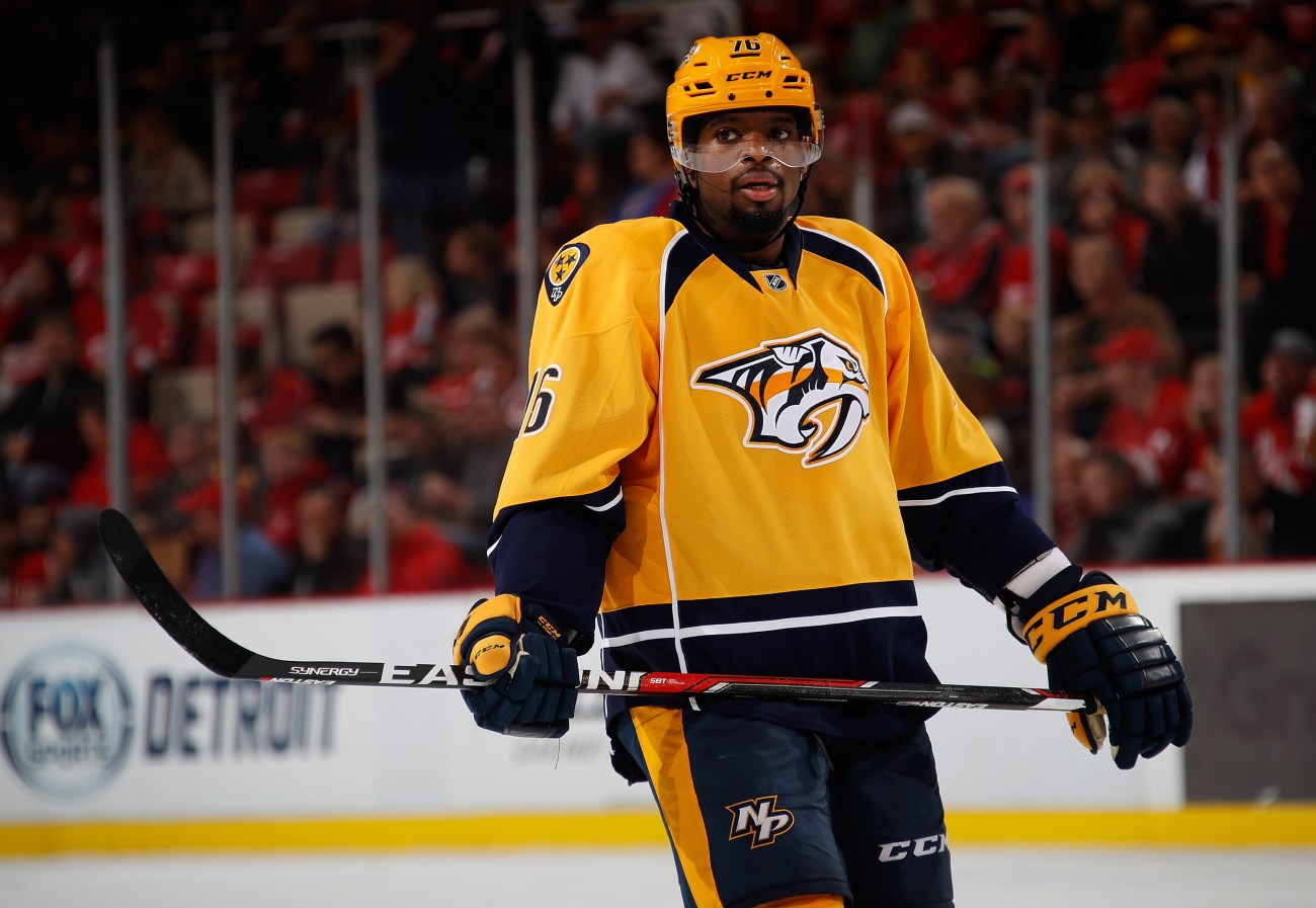 DETROIT, MI - OCTOBER 21: P.K. Subban #76 of the Nashville Predators looks on in the first period while playing the Detroit Red Wings at Joe Louis Arena on October 21, 2016 in Detroit, Michigan. (Photo by Gregory Shamus/Getty Images)