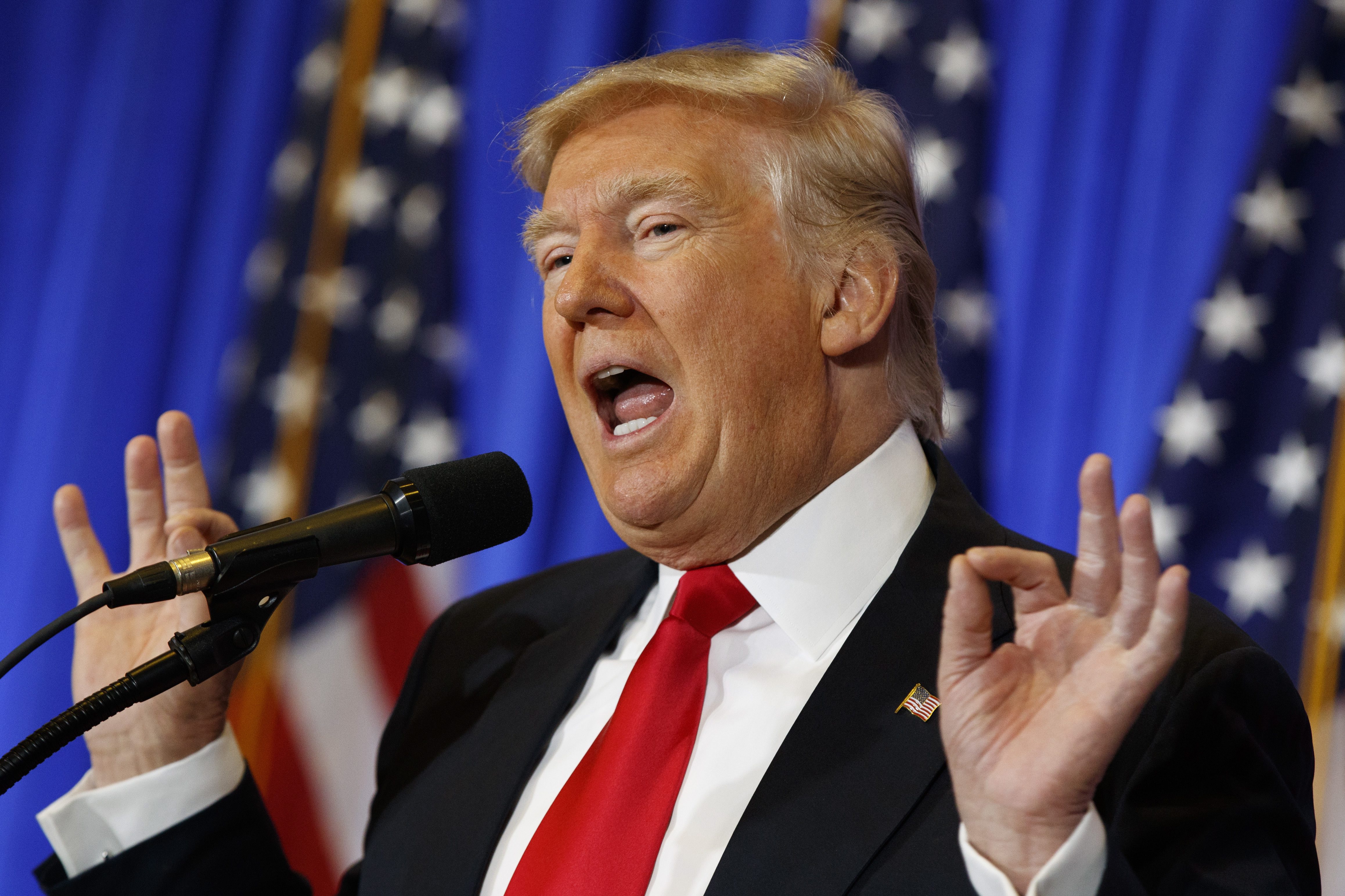 President-elect Donald Trump speaks during a news conference in the lobby of Trump Tower in New York, Wednesday, Jan. 11, 2017, in New York. (AP Photo/Evan Vucci)