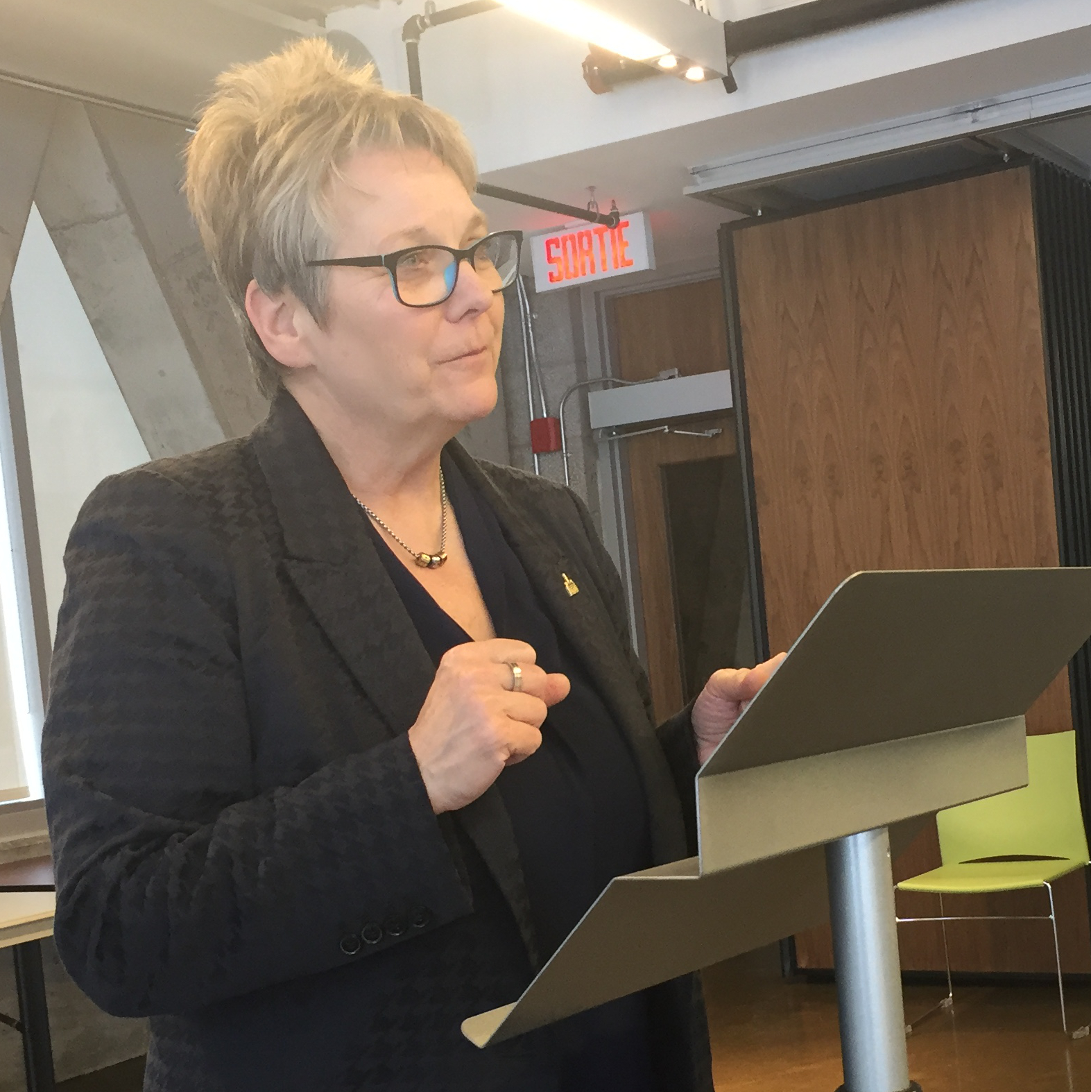 La mairesse de l’arrondissement Rivière-des-Prairies–Pointe-aux-Trembles, Chantal Rouleau, s’adresse à des gens d’affaires le 24 janvier 2017 à la maison du citoyen.