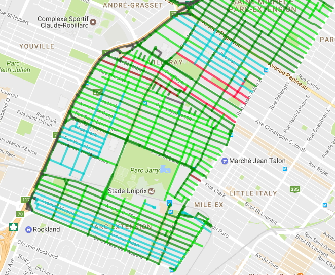 Le 15 décembre 2016 à 9h, soit trois nuits après la tempête du 12, trois secteurs (en bleu) attendent toujours une planification de chargement de neige, alors que le reste de l’arrondissement a déjà un côté au moins de chargé (en vert).