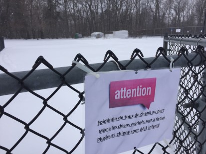 Une affiche à l'entrée du parc canin de Pointe-aux-Trembles met les usagers en garde contre une épidémie de toux de chenil, le 15 mars 2017.