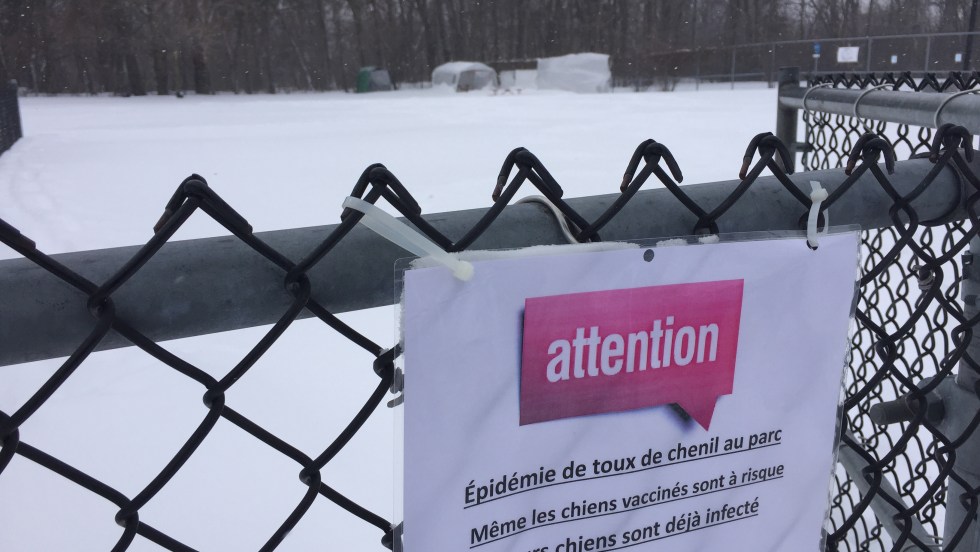 Une affiche à l'entrée du parc canin de Pointe-aux-Trembles met les usagers en garde contre une épidémie de toux de chenil, le 15 mars 2017.