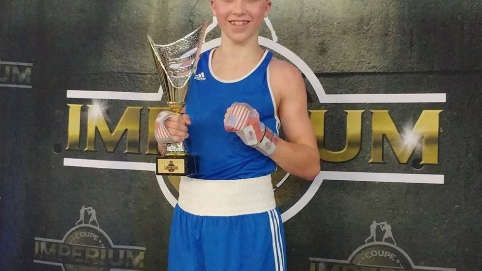 Jacob Blais, gagnant chez les 46 kg au tournoi international de boxe olympique Coupe Imperium 2017, à Terrebonne.