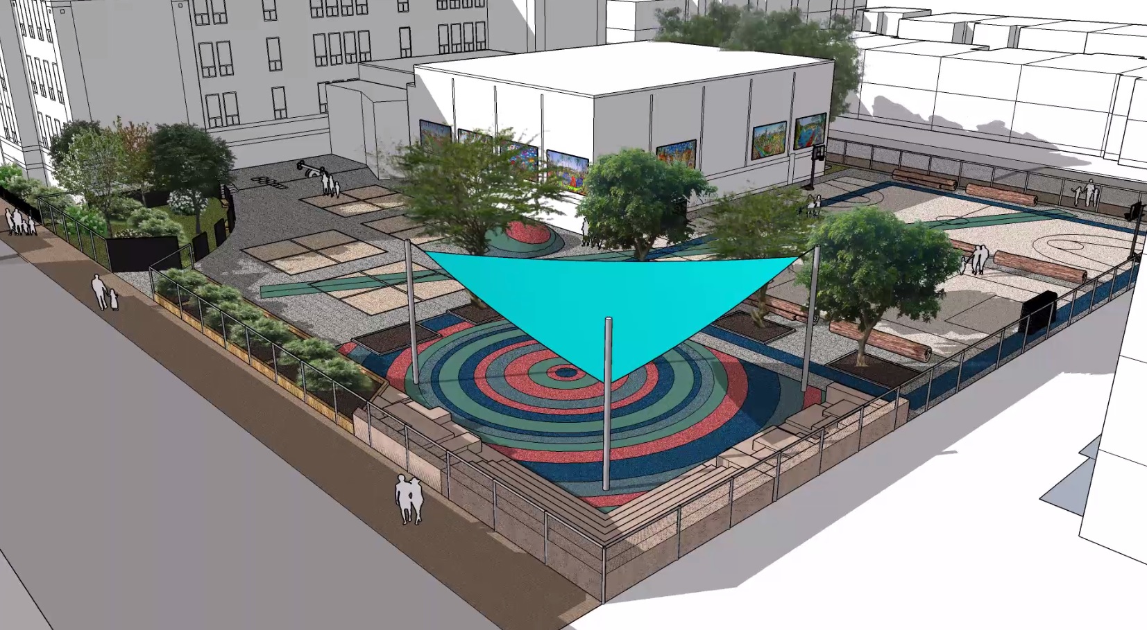 Plans pr&eacute;vus de la cour de l'&eacute;cole Saint-Jean-de-Br&eacute;beuf.