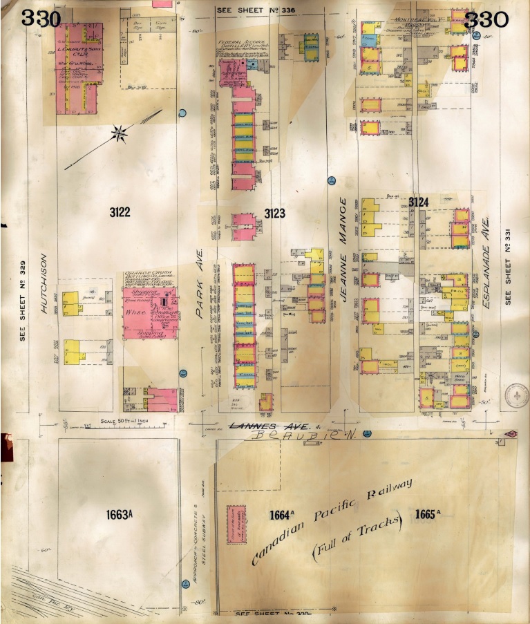 Une carte datant des ann&eacute;es 1920 montre l'emplacement des bureaux du surintendant du CP (en bas, &agrave; l'est de l'avenue Parc).