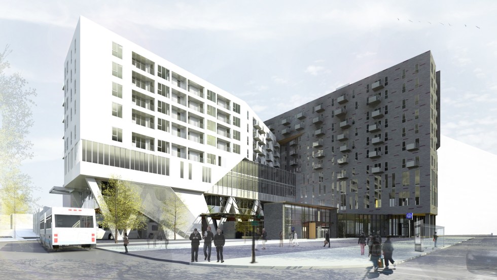 Les esquisses du projet de logements sociaux font voir les deux tours au-dessus de la station Rosemont.