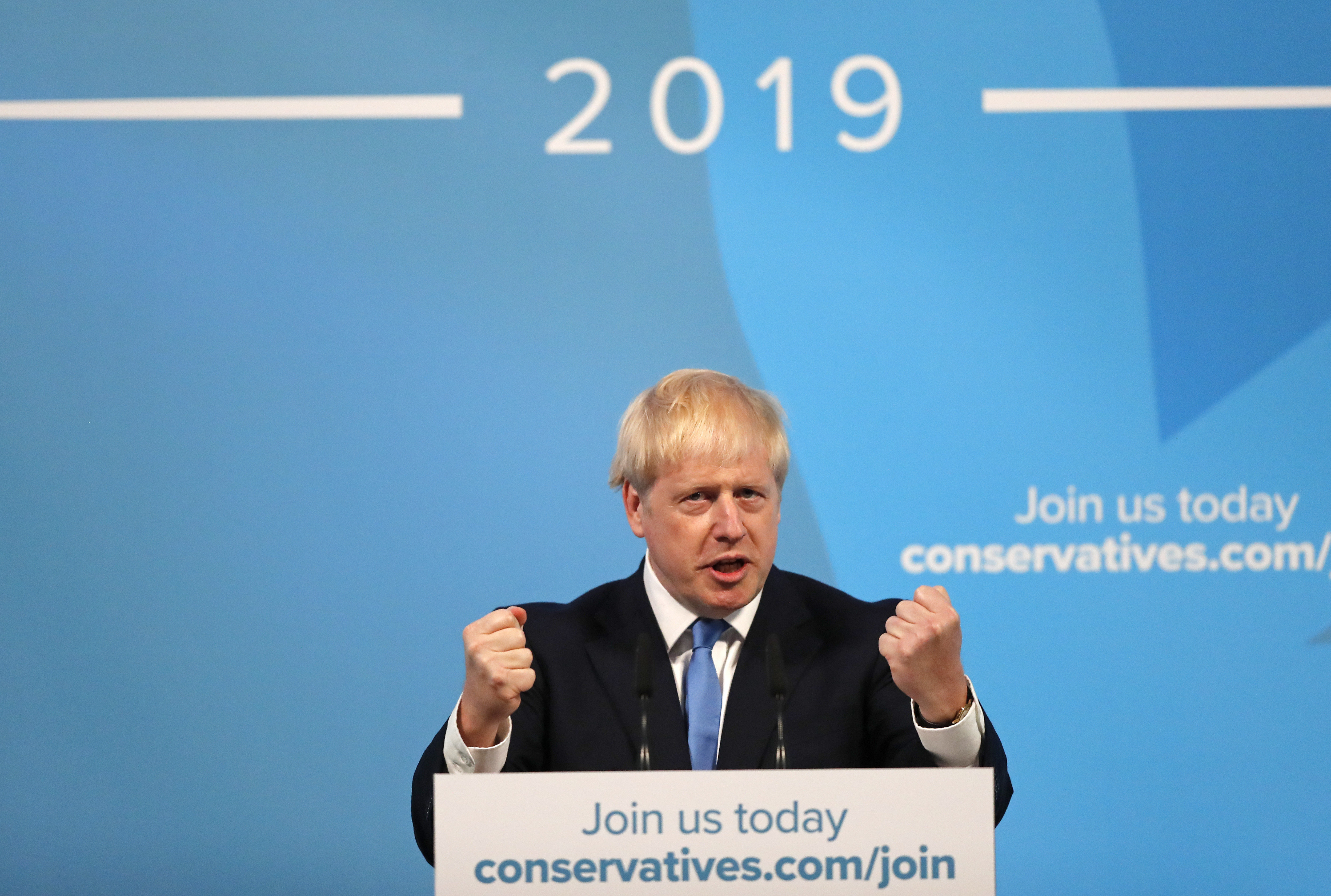Boris Johnson prononce un discours devant ses partisans lors de sa nomination comme chef du Parti conservateur du Royaume-Uni, le 23 juillet 2019.