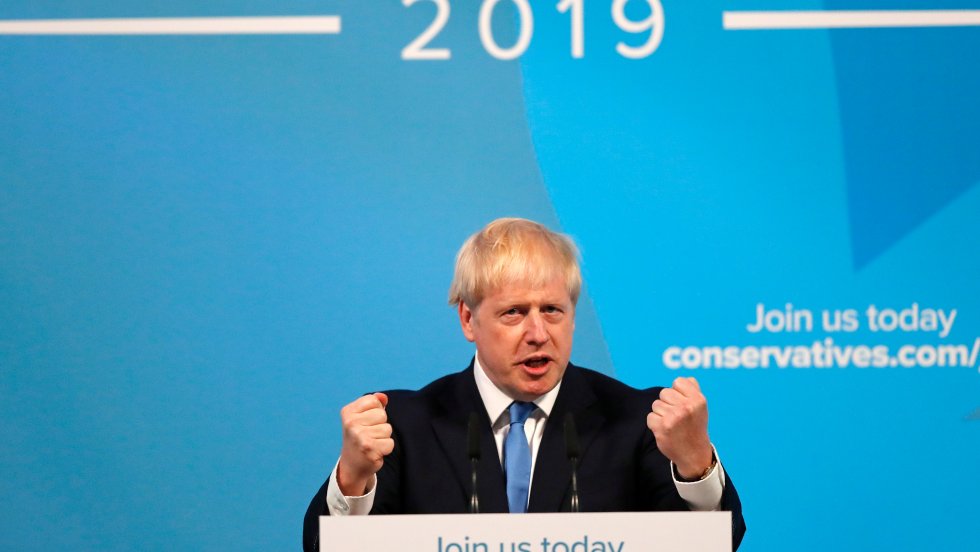 Boris Johnson prononce un discours devant ses partisans lors de sa nomination comme chef du Parti conservateur du Royaume-Uni, le 23 juillet 2019.