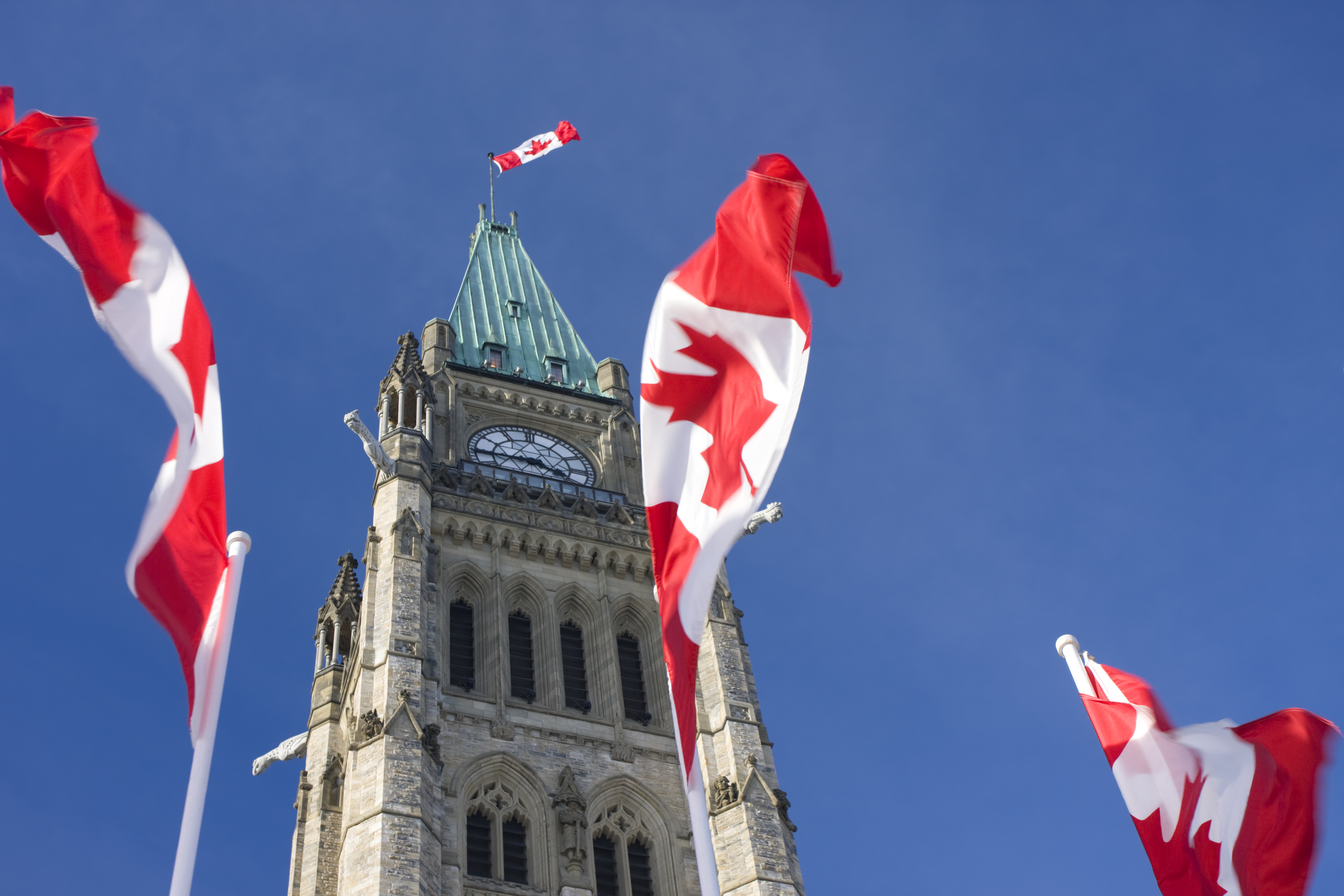 Le parlement et trois drapeaux du Canada