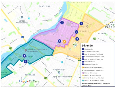 Carte des sites envisag&eacute;s pour installer un march&eacute; public &agrave; Ahuntsic-Cartierville