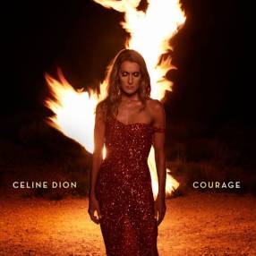 Couverture de l'album «Courage» de Céline Dion, montrant la chanteuse en robe devant une flamme.