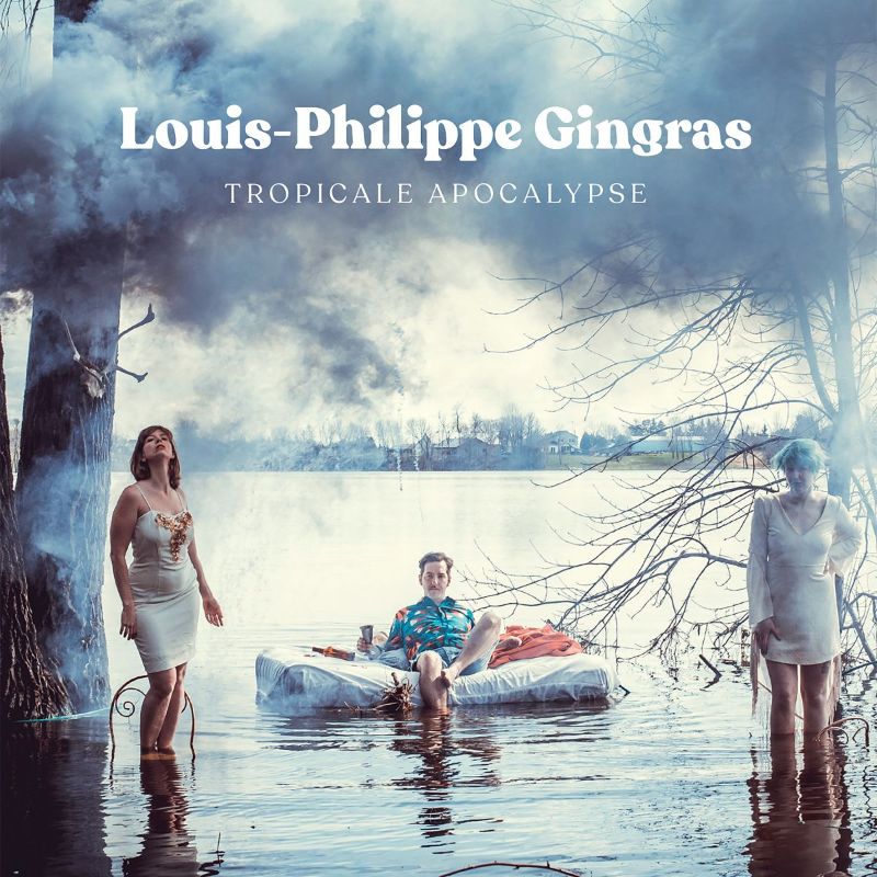 Couverture de l'album &laquo;Tropical apocalypse&raquo; de Louis-Philippe Gingras, montrant trois personnes dans un plan d'eau.