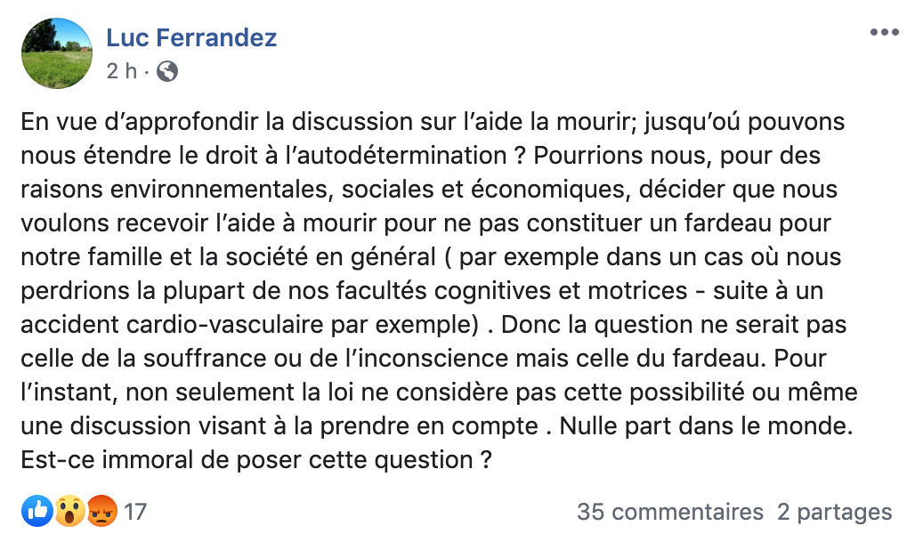 Publication Facebook de Luc Ferrandez suggérant l'aide médicale à mourir comme mesure pour l'environnement.