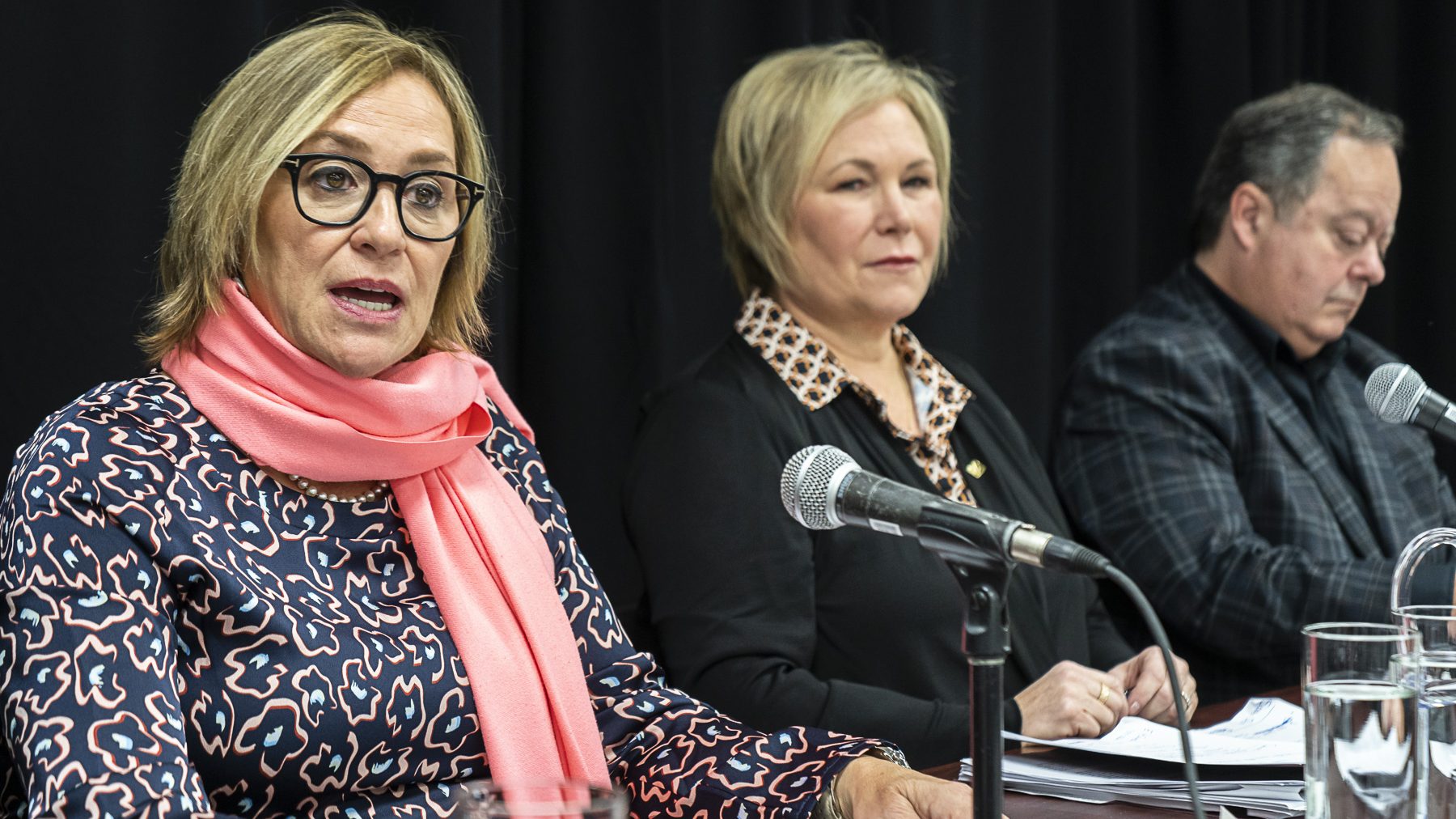 Des représentants de plusieurs ordres professionnels liés à la santé mentale et aux services sociaux lors d'une conférence de presse.