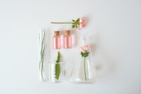 Bouteilles d'huile et fleurs