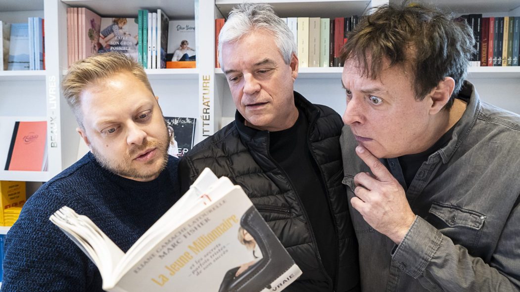 Les comédiens Guillaume Lambert, Bruno Landry et Didier Morissonneau préparent le spectacle Cabaret Bio dégradable, qui s'intéresse aux biographies d'artistes québécois.