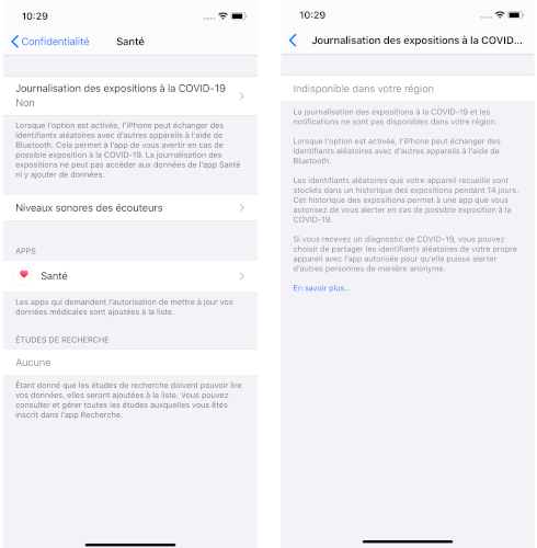 La fonction de traçage de contact contre la Covid-19 n’est pas disponible sur les iPhone du Canada. iOS 13.5 iPhone exposition Covid-19 traçage de contacts