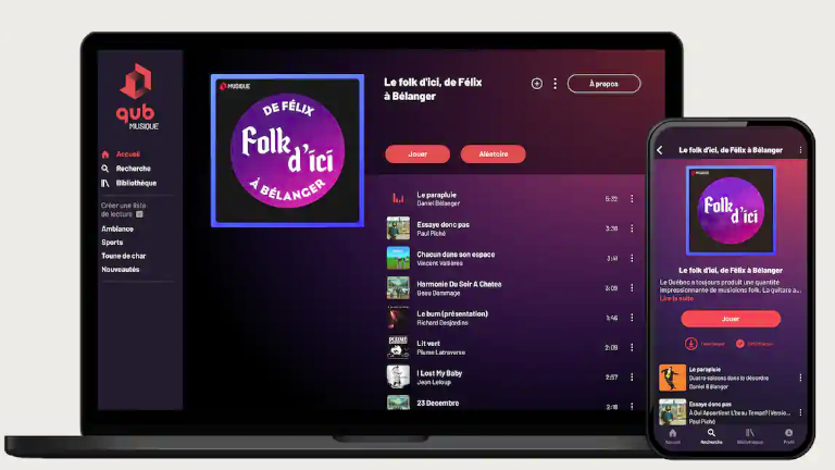 Québecor lance Qub musique pour concurrencer Spotify, Apple Music et Google. Crédit Photo: Journal de Montréal Qub musique application mobile ordinateur