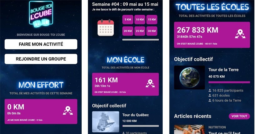 L’interface de l’application est simple et intuitive et c’est facile de suivre le compte des objectifs. interface application Bouge toi l'Cube