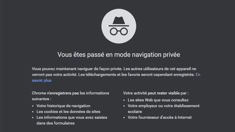 activit&eacute; visible google chrome mode incognito