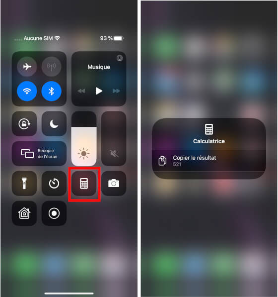 On peut copier son dernier résultat via le Centre de contrôle de son iPhone. Calculatrice copier résultat centre contrôle iPhone