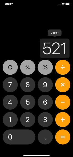 Calculatrice iPhone copier r&eacute;sultat