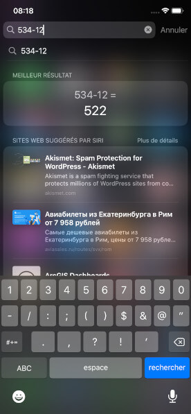 L’interface Spotlight de l’iPhone nous permet de faire des calculs via la barre de recherches. Calculatrice Spotligh iPhone