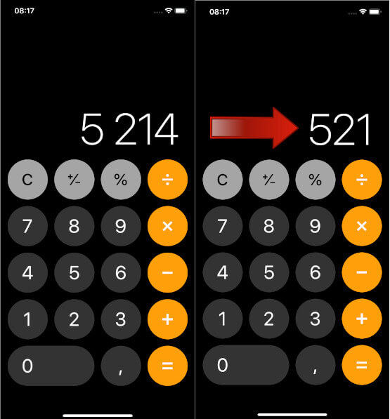 Glisser son doigt de gauche à droite dans le calcul efface le dernier chiffre. Calculatrice iPhone supprimer chiffre