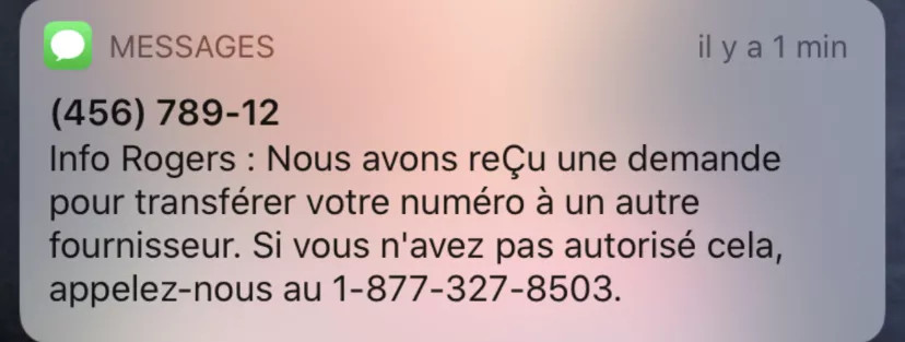 Voici le texto que l’on reçoit lorsque le fraudeur fait une demande de transfert. Crédit Photo : Le Quotidien. Message texte texto transfert numéro de téléphone