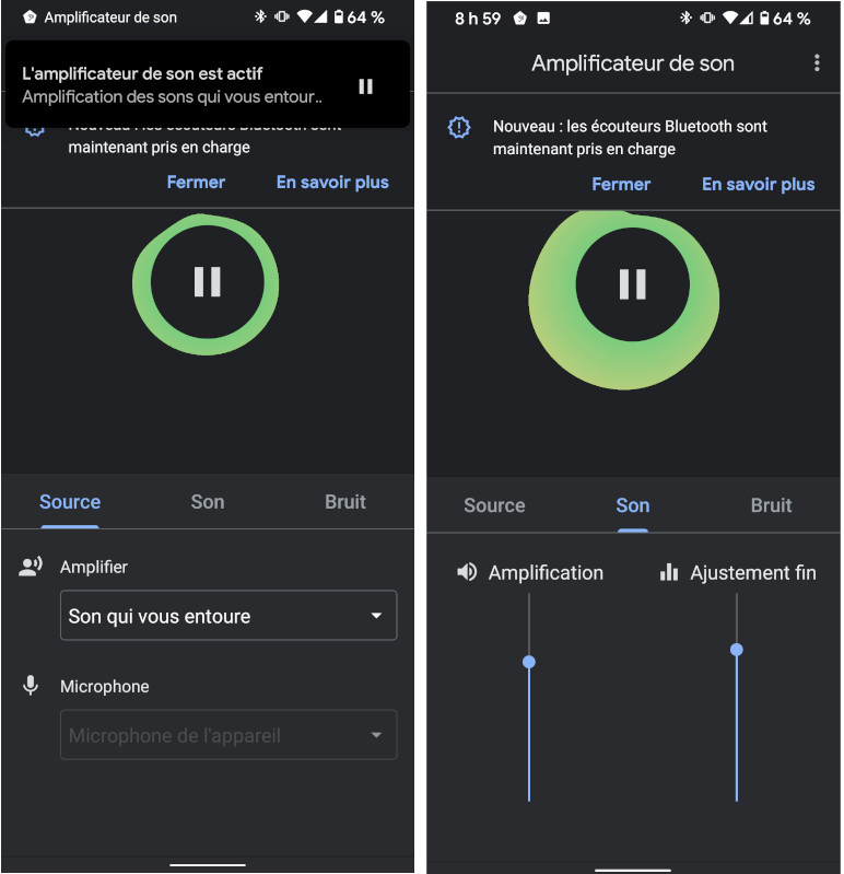 On peut jouer avec le niveau d’amplification dans l’application. Amplificateur de son application téléphone Android