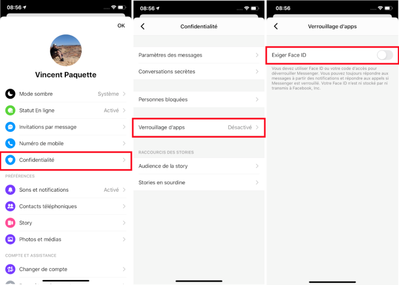 Comment activer verrouillage application Messenger Face ID Touch ID