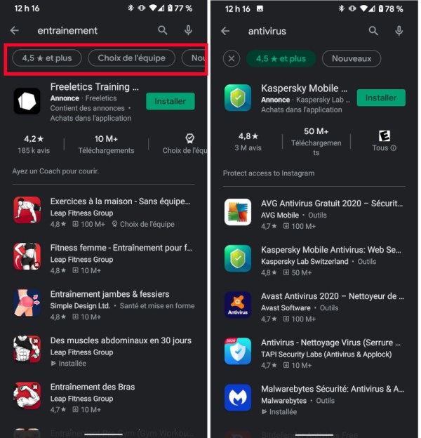 Comment appliquer filtre étoiles Play Store applications