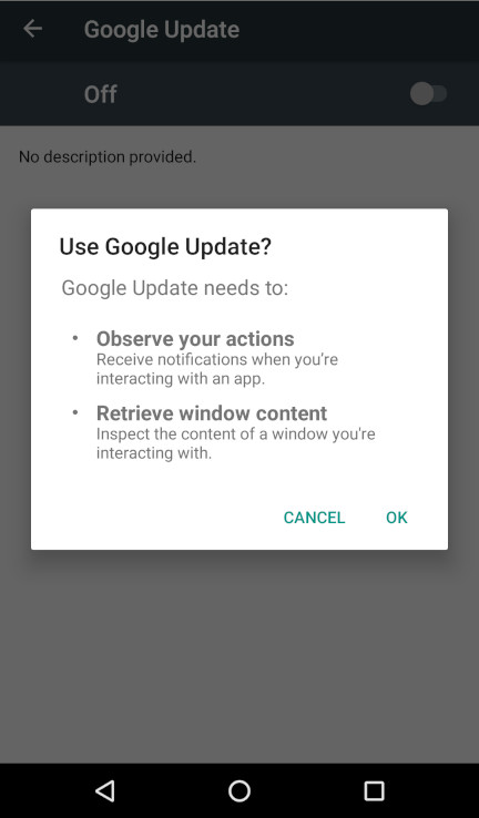 Voici un exemple de fausse demande d’autorisation utilisant l’image de Google. Crédit image: ThreatFabric. Autorisation application malveillante Google