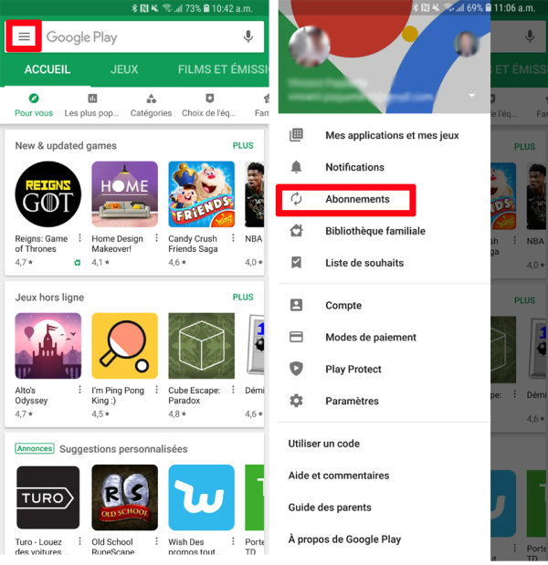 Gestion abonnement Play Store Android applications