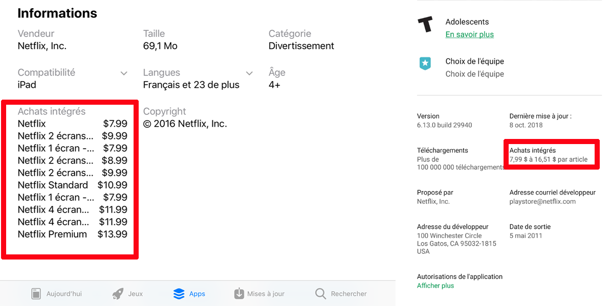 On peut voir s'il y a des frais ou non dans une application en regardant sous Achats intégrés Achats intégrés App Store Play Store